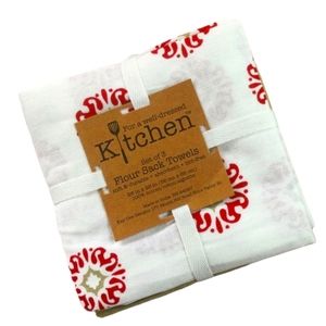 Set of 3 Flour Sack Kitchen Towels Medallion Design Solids